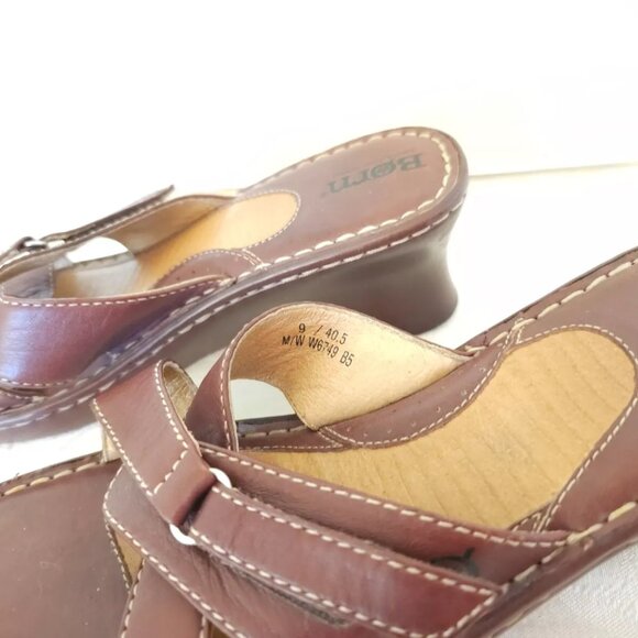 Womens Born Leather Slip On Wedge Sandals 9 M Caramel Brown Open Toe - Picture 3 of 12